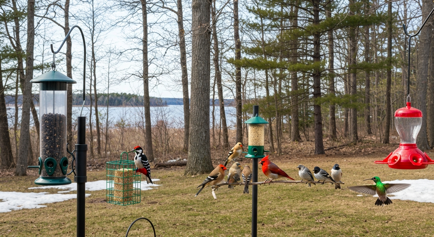 Wisconsin backyard feeding station with squirrel‑proof tube, suet cage, nyjer sock, platform feeder, and hummingbird feeder; common feeder birds present, early‑spring setting with patchy snow.
