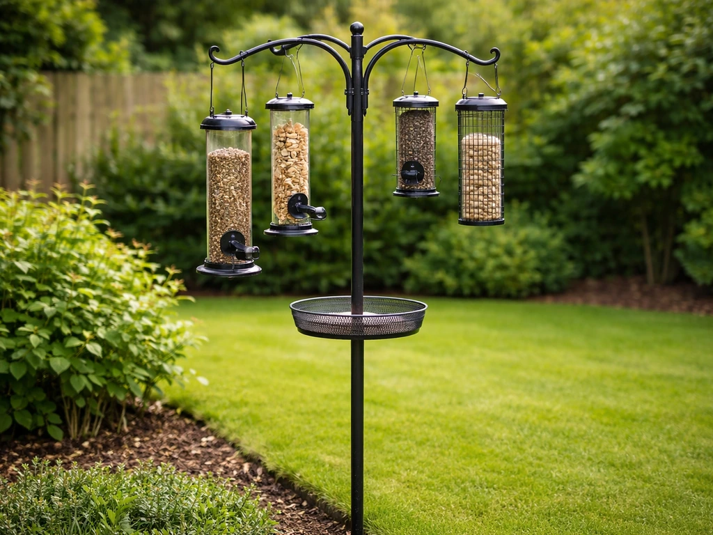 Weatherproof freestanding bird feeder station in a UK garden with multiple filled feeder arms visible
