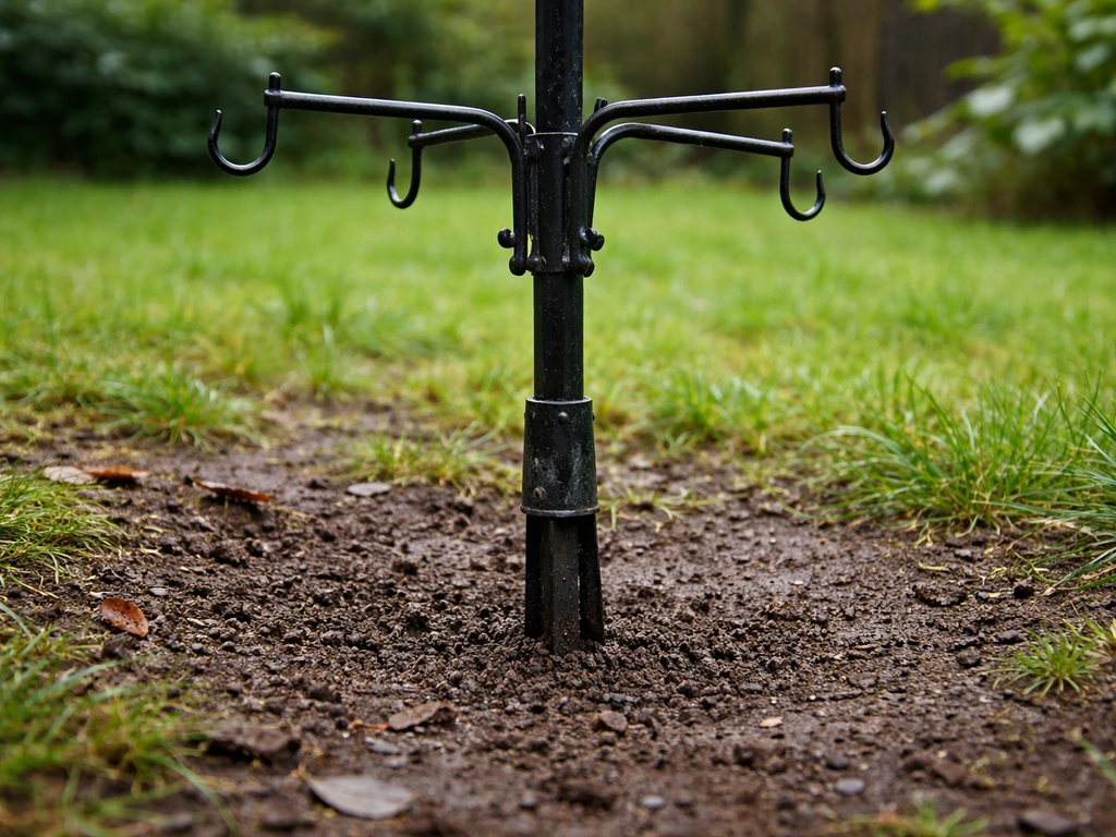 Close-up of a UK-style bird feeder station pole, ground spike, and multiple hook arms in a garden