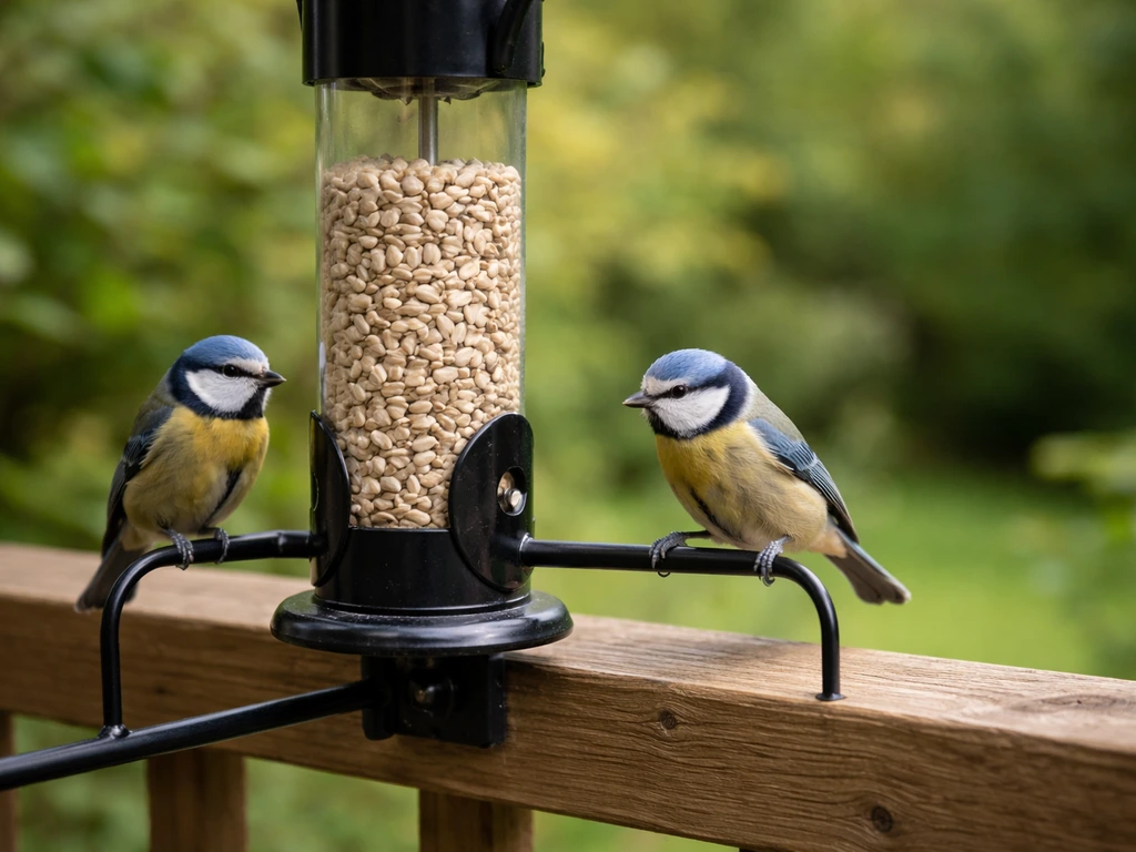 Sunflower-heart tube feeder with small blue/coal tit-like birds perched nearby on a garden rail.