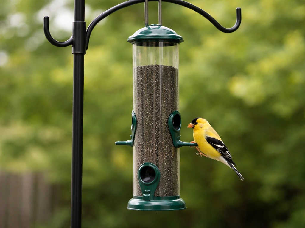 Goldfinch perched on a nyjer (niger) feeder with tiny seeds visible in soft garden light.