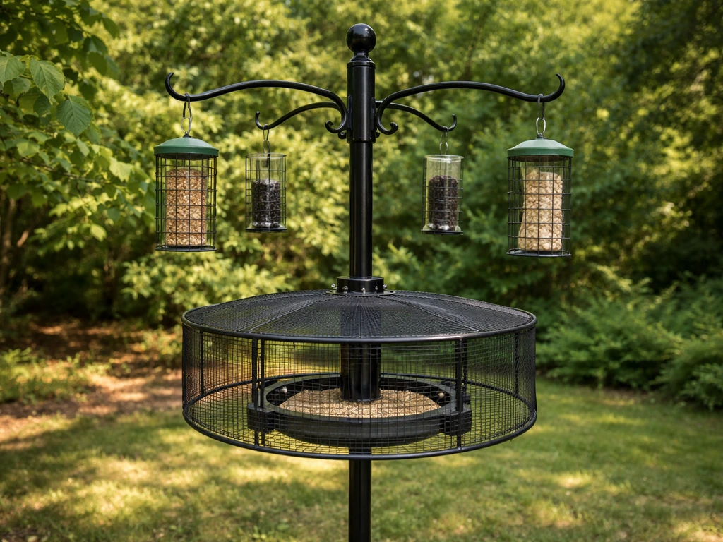 Close-up of a pole-mounted weight-activated bird feeder with an outer cage/baffle mechanism below the arms.