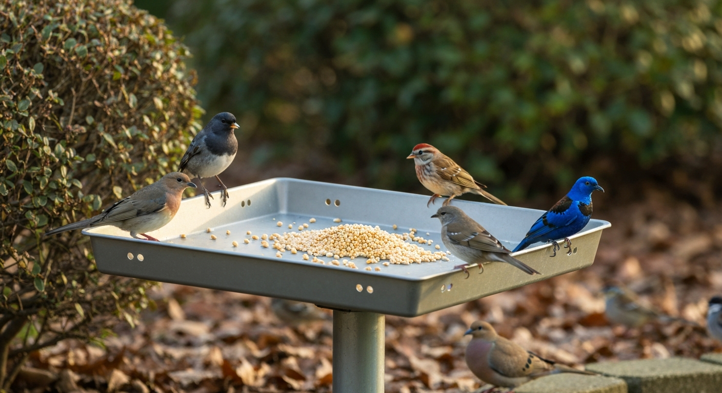 Low platform tray feeder ~8 inches off ground with juncos, sparrows, towhee, mourning dove, and indigo bunting feeding on white millet near shrubs