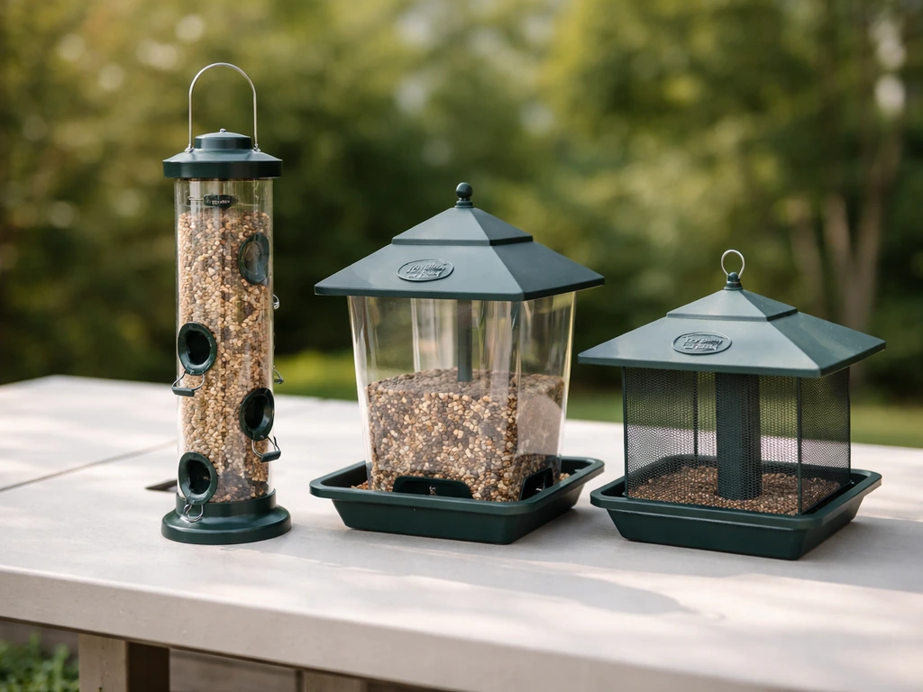 Side-by-side lineup of Top Flight bird feeders on a simple outdoor patio display