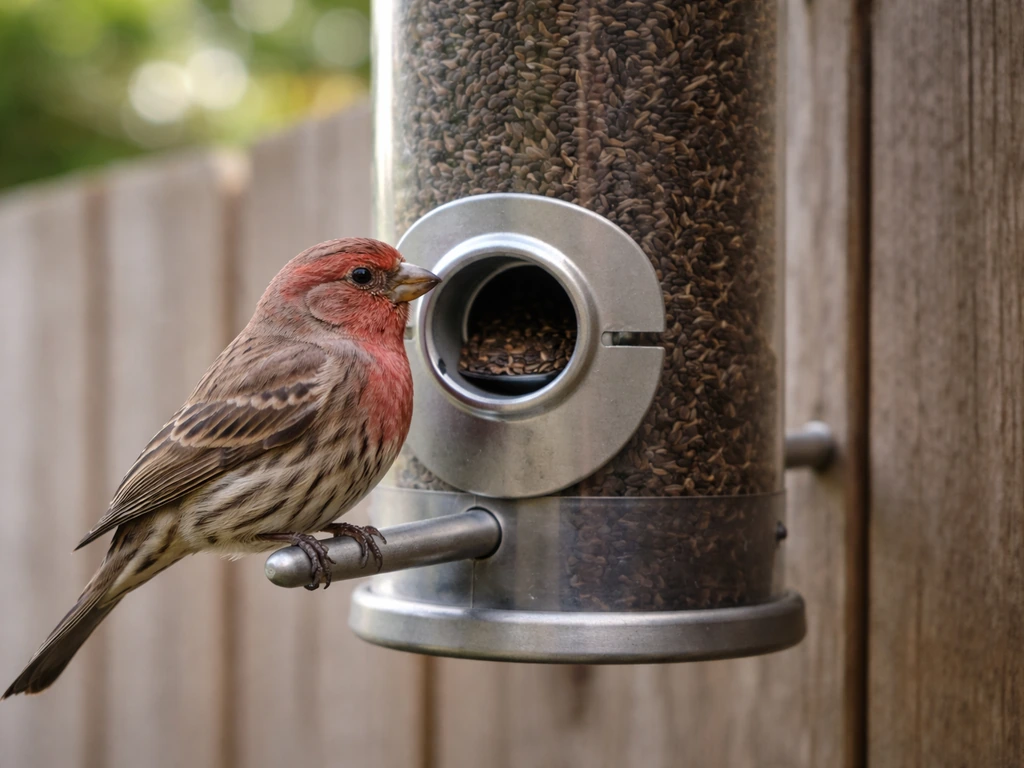 A small finch perched at a tube feeder port set for thistle/nyjer seed