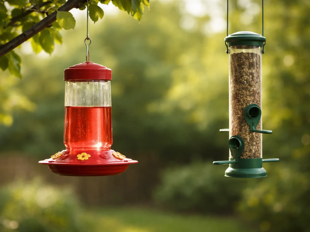 Hummingbird nectar feeder with nectar ports beside a simple tube-seed feeder in soft garden light.