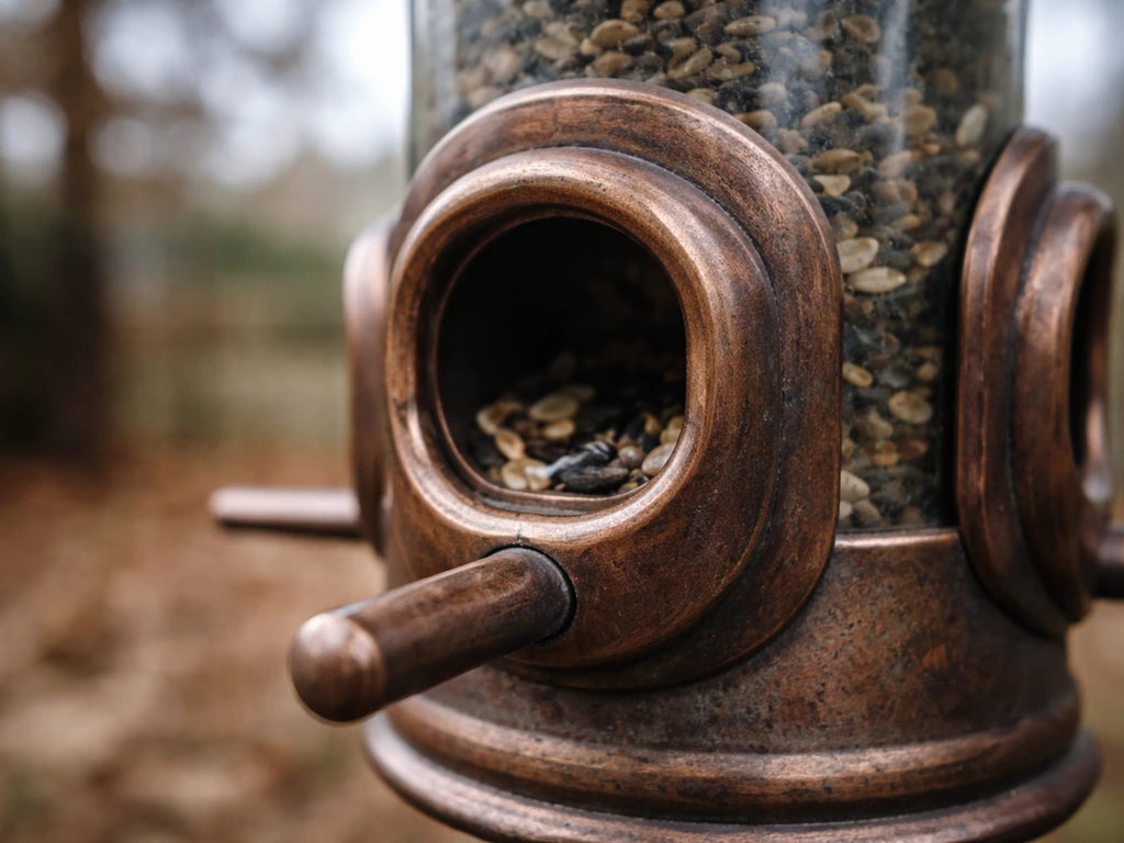 Close-up of weathered copper port surrounds on an outdoor bird feeder, emphasizing durable protective armor.