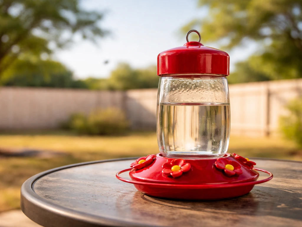 Close-up of a hummingbird feeder on a patio table in bright natural light