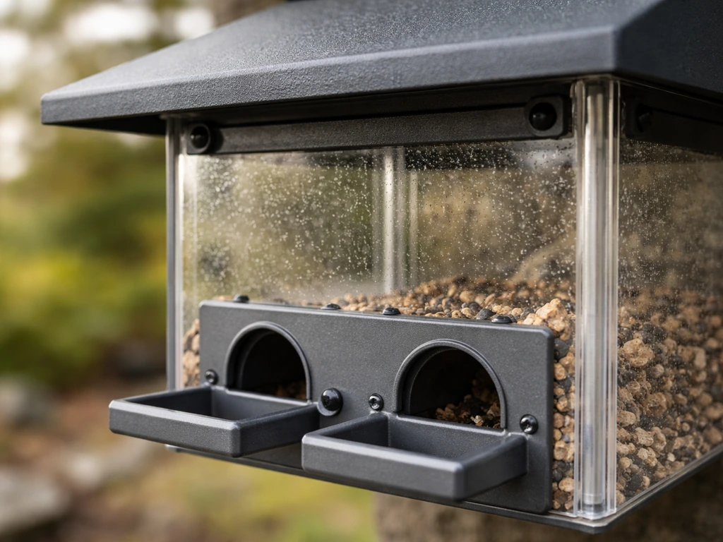 Close-up of a durable outdoor feeder with thick clear polycarbonate and powder-coated metal ports.