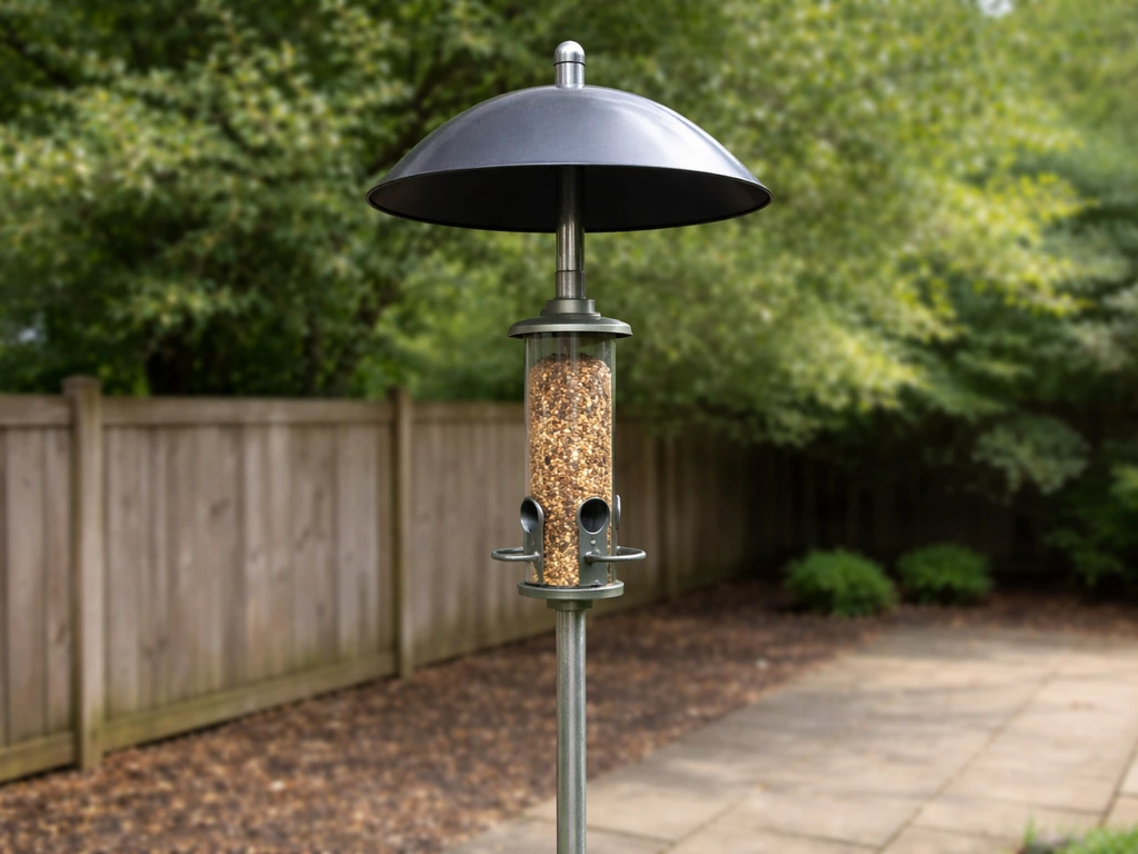 Outdoor squirrel baffle on a smooth metal pole positioned above a bird feeder, blocking access to ports.