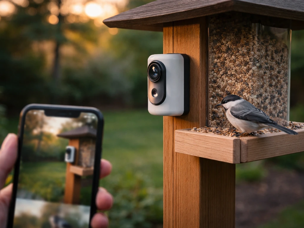 Smart bird feeder with a camera module and a nearby phone showing a blurred live feed.
