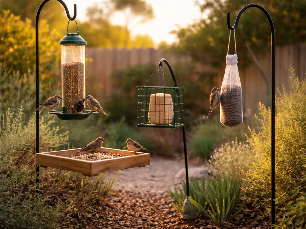 Warm-lit backyard with several bird feeders attracting small native birds in San Diego-style Mediterranean light.