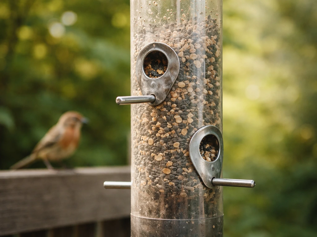 Close-up of a UV-stabilized polycarbonate tube feeder with seed ports for small songbirds