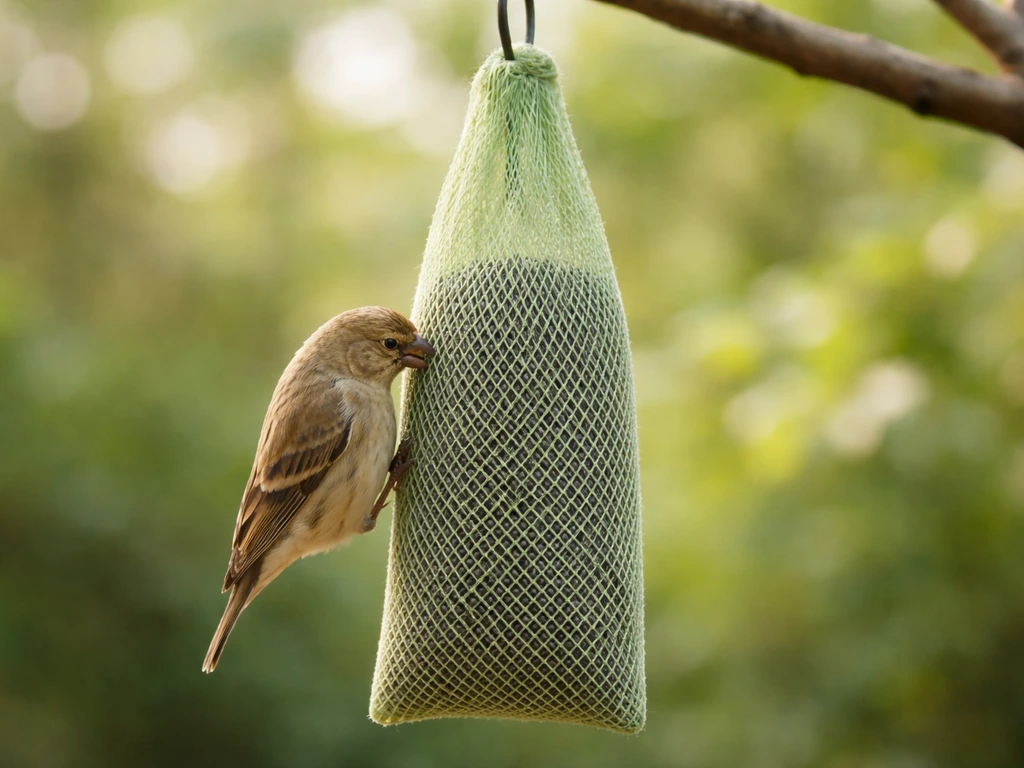 Small finch clinging to a nyjer mesh sock feeder while feeding in a backyard setting.