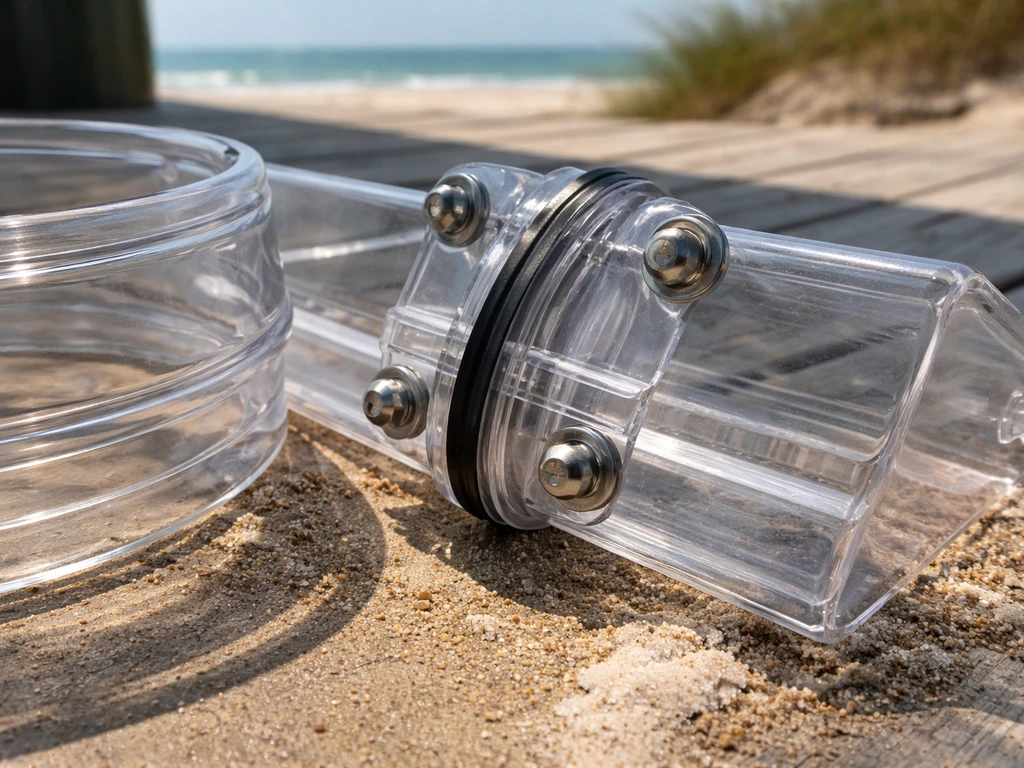 Close-up of weatherproof feeder components with rust-resistant hardware beside salt-UV exposure cues