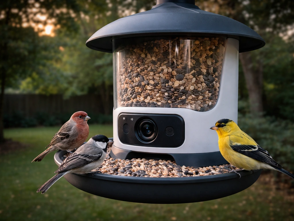 Camera-enabled smart bird feeder with a small bird perched in a backyard garden, no branding or text.