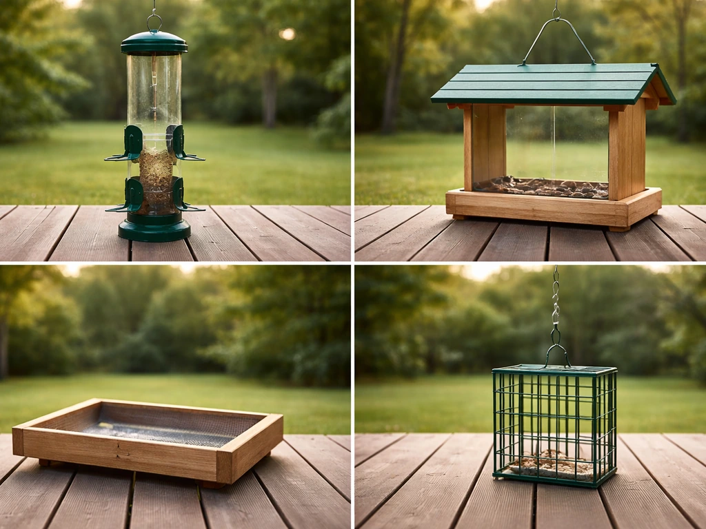 Four distinct bird feeder types arranged on a backyard deck against a simple garden backdrop.