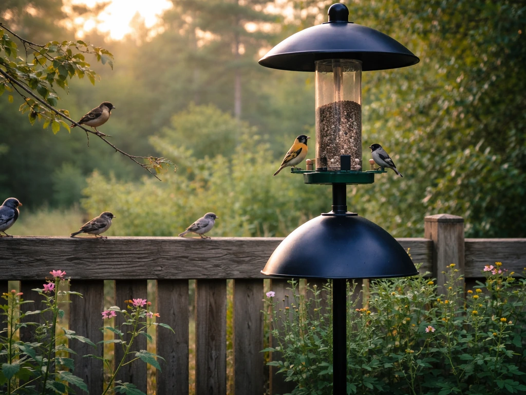 Pole-mounted tube bird feeder with a squirrel baffle near perching birds in a quiet backyard.