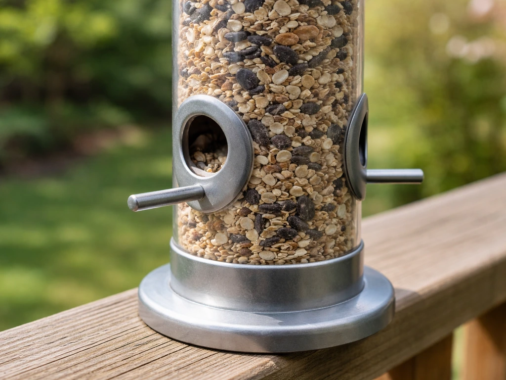 Close-up of a tube bird feeder with short perches and small ports, no birds present.