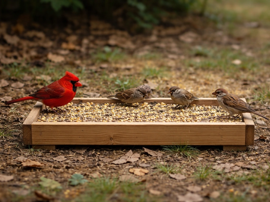 Low tray feeder on the ground with small birds feeding in a quiet backyard.