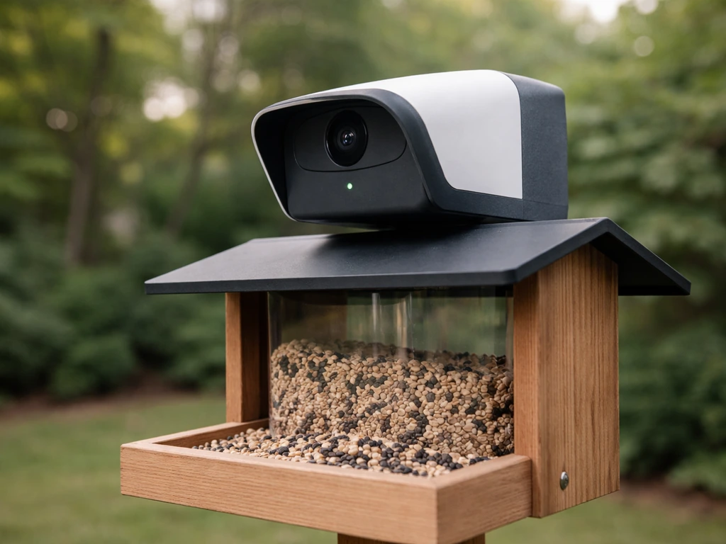 Smart bird feeder camera mounted on a wooden seed feeder, with blurred greenery background.