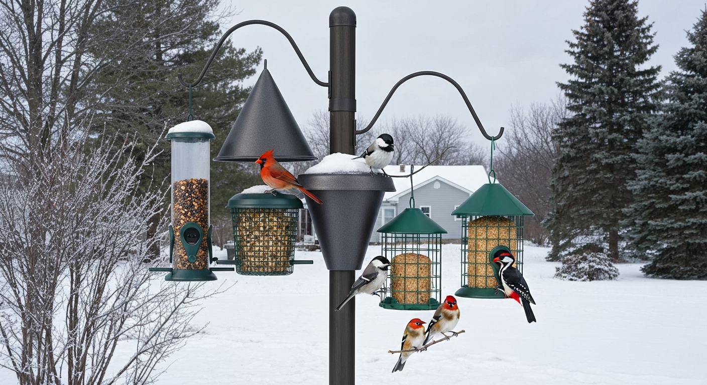 Snowy Michigan backyard with a pole-mounted feeding station (tube, hopper, suet, nyjer) protected by a baffle and visited by cardinals, chickadees, goldfinches, and a woodpecker.