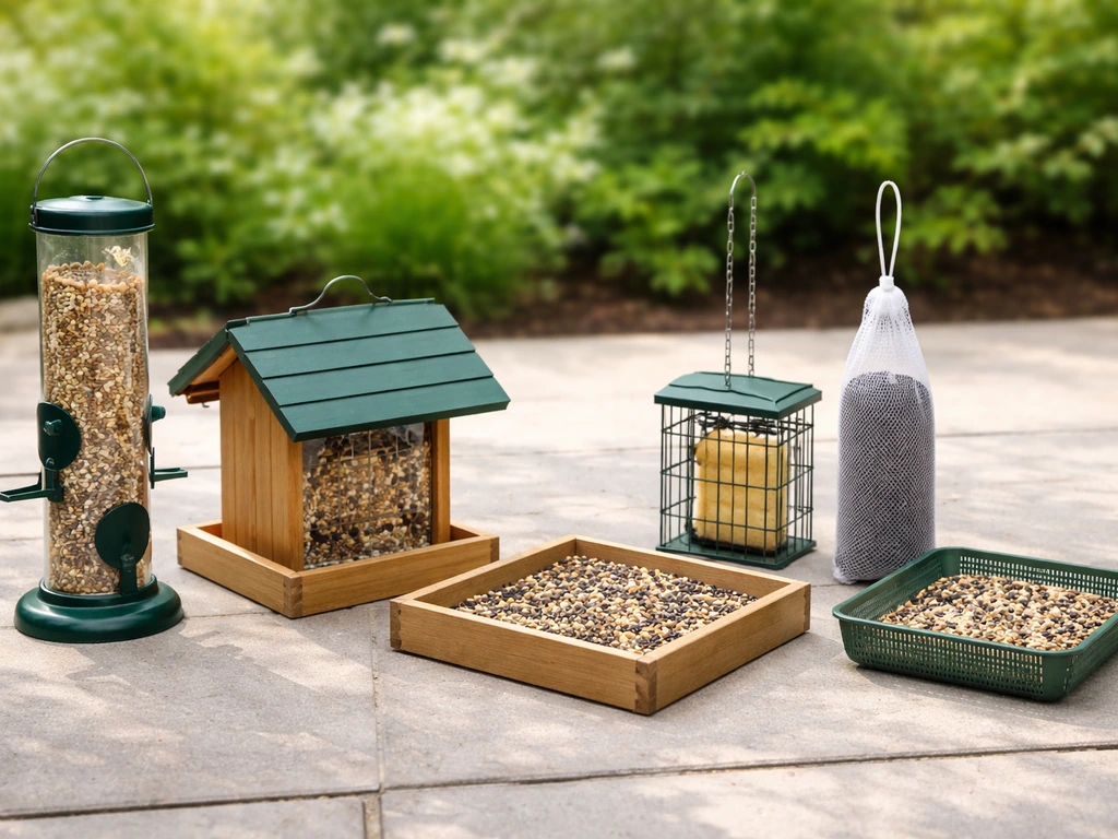 Side-by-side close-up of bird feeder styles: tube, hopper, tray platform, suet cage, mesh sock, and ground tray.