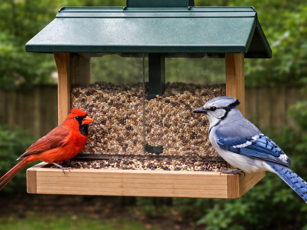 Red cardinal and blue jay feeding from a hopper bird feeder’s wide tray in a backyard.