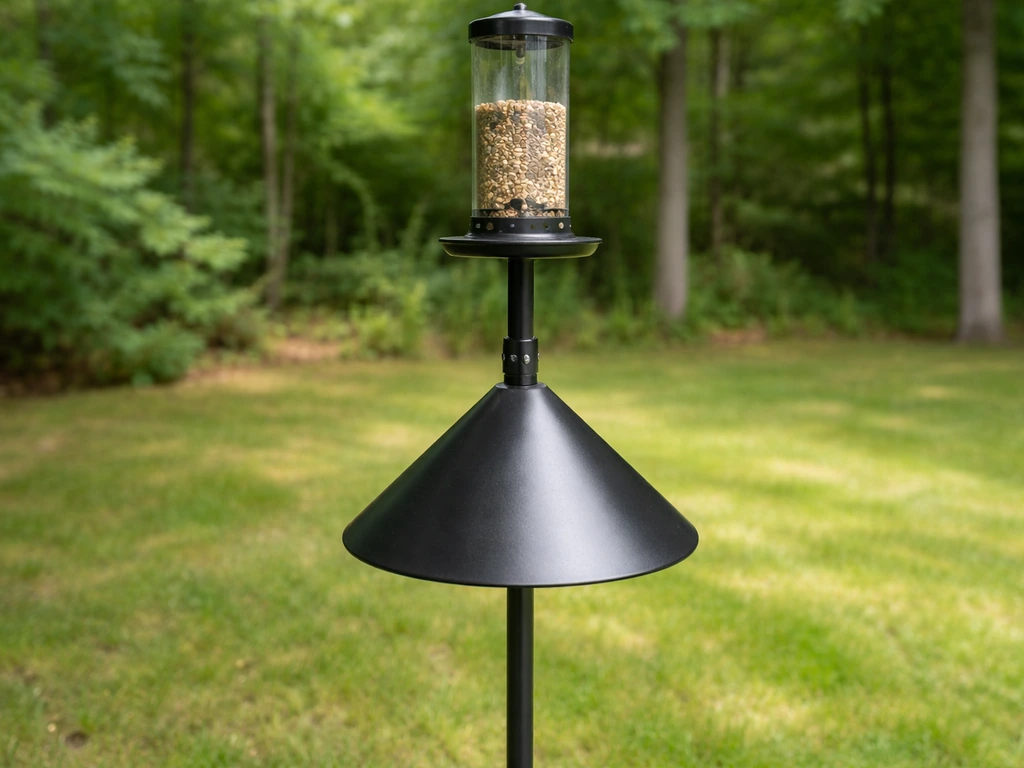 Pole-mounted squirrel feeder with a wrap-around baffle/torpedo guard installed, no squirrels visible.