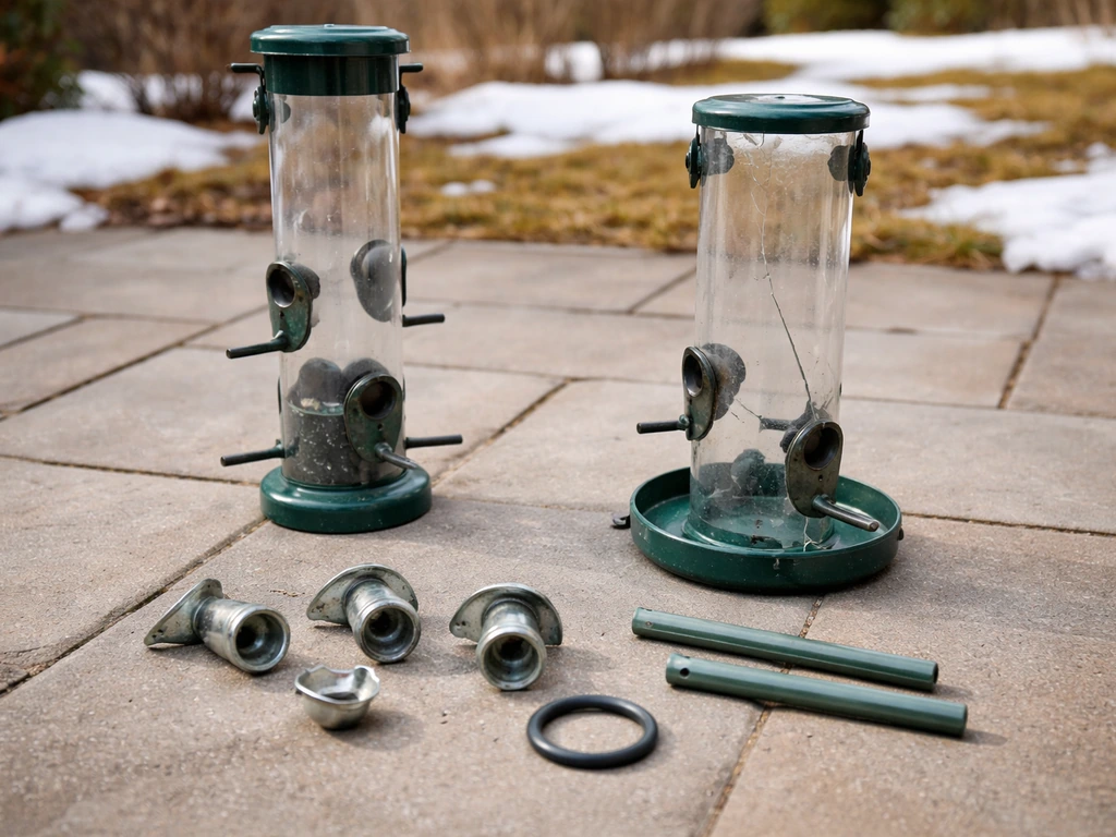 Sturdy metal bird feeder beside a cracked plastic feeder and laid-out perches and metal parts on patio.