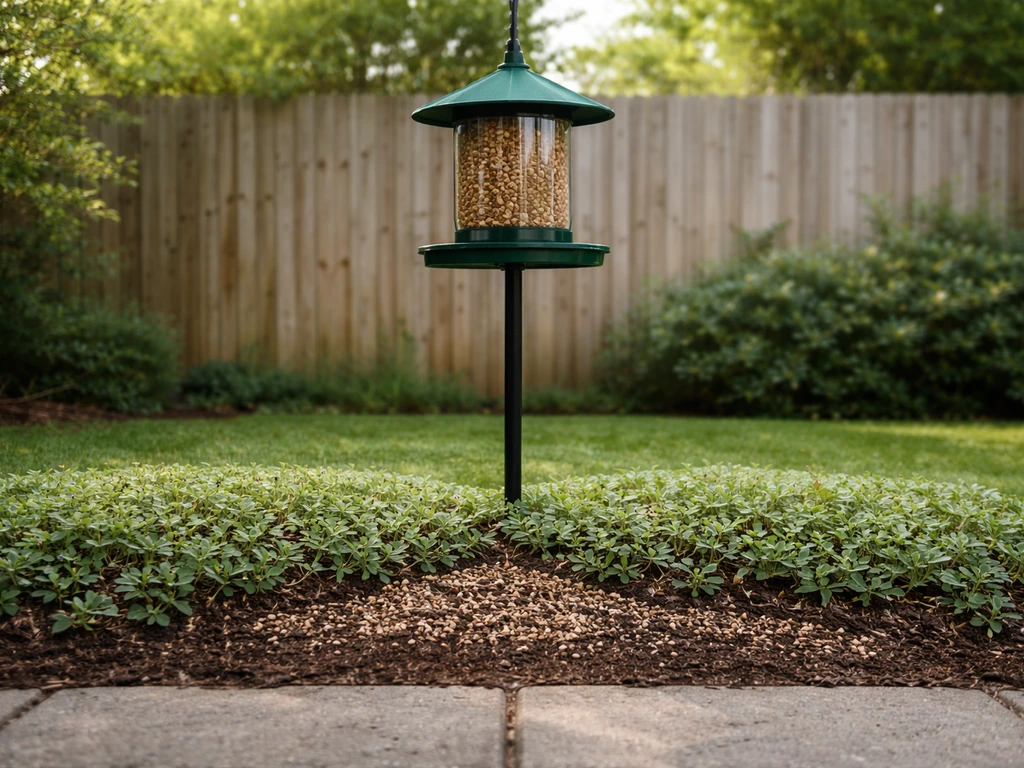 Tidy yard with a bird feeder above a neat patch of low groundcover plants underneath.