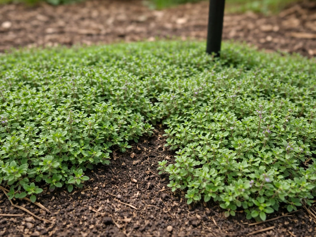 Close-up of dense creeping thyme groundcover beneath a bird feeder, raked soil visible, low-profile greenery