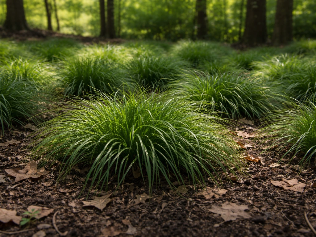 Tufted Pennsylvania sedge groundcover under a tree canopy with dappled light and dark soil.