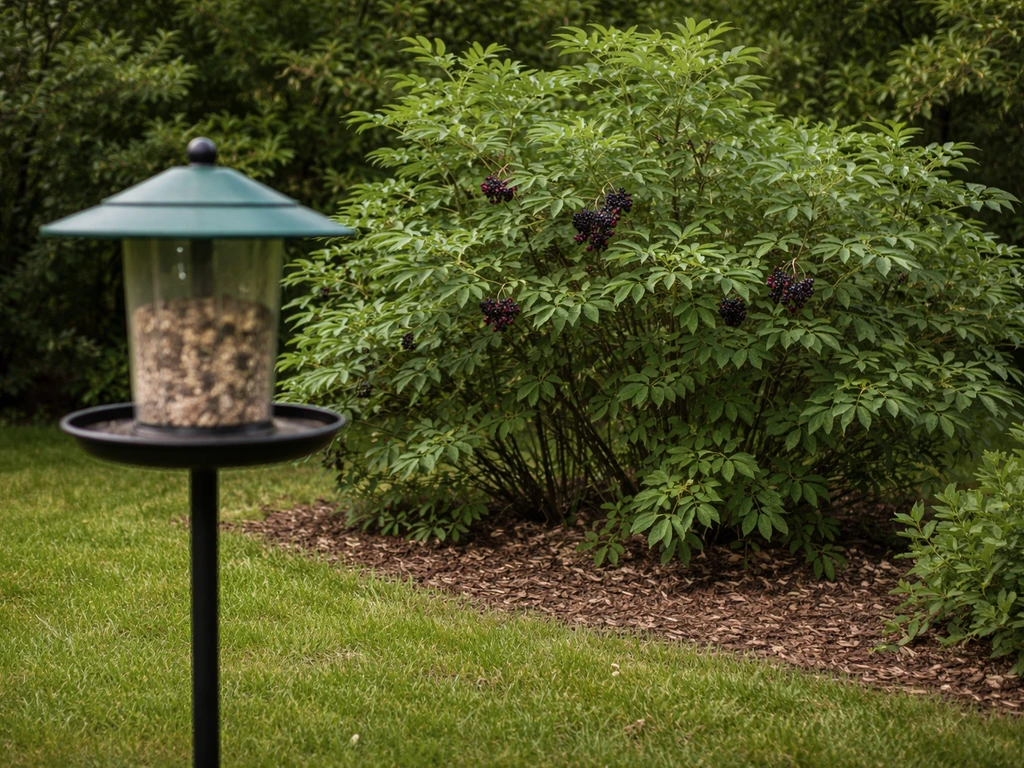 Elderberry shrub in backyard, feeder in foreground with a little greenery 5–10 feet away for birds.