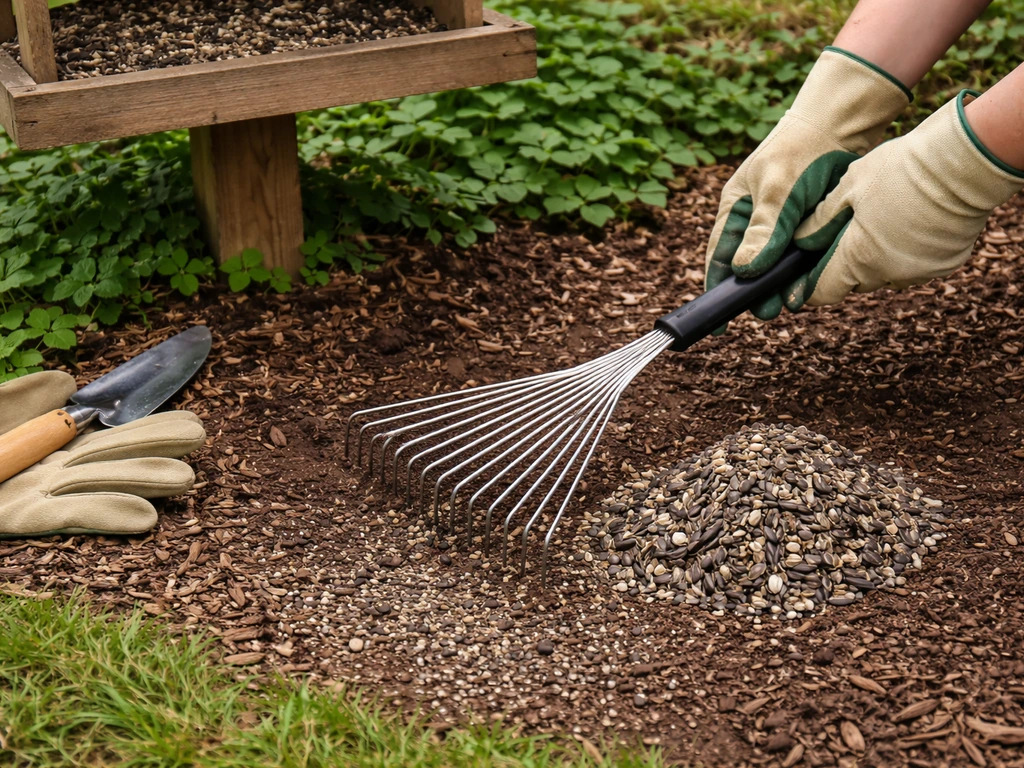 Gardener raking small debris under a bird feeder, tidy groundcover area with clean tools nearby.
