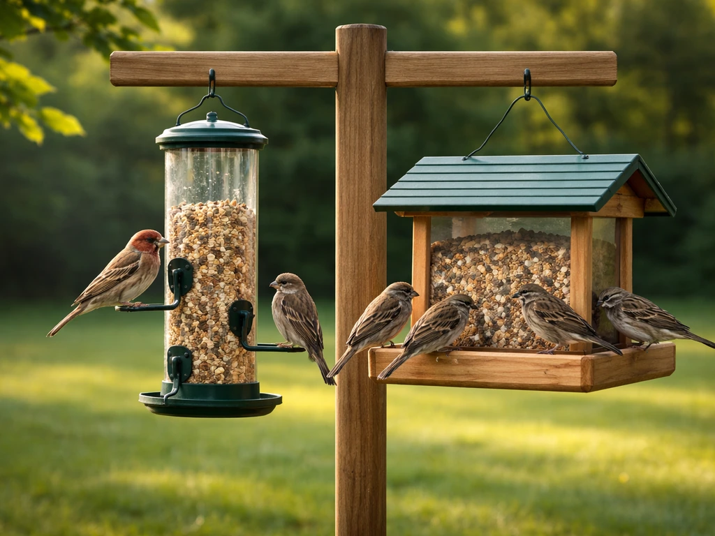 Tube and hopper bird feeders on a stand in a backyard with small songbirds perched and feeding.