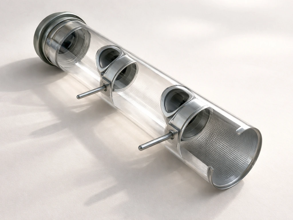 Close-up cutaway of a tube bird feeder showing a hollow cylinder, side feeding ports, and perches
