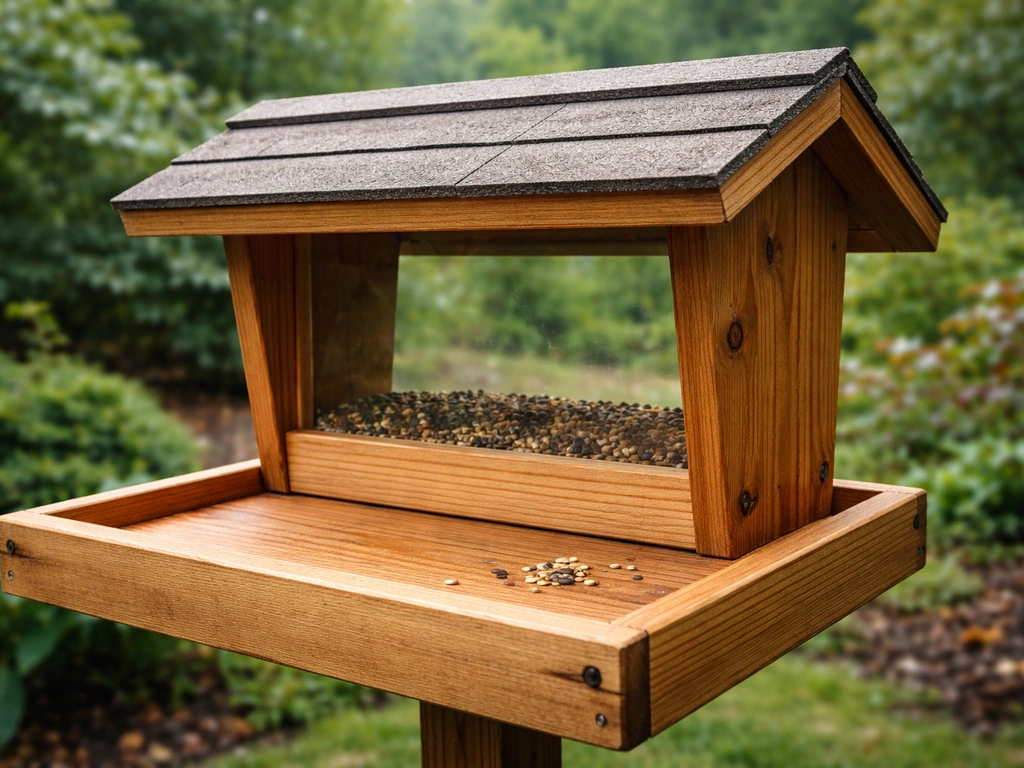 Close-up of a rain-sheltered hopper feeder with roof and landing platform over a seed reservoir.
