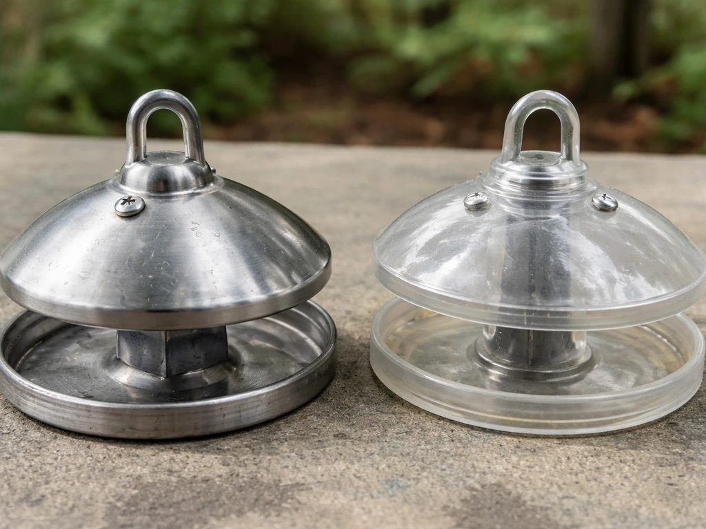Close-up comparison of metal and UV-stabilized polycarbonate feeder parts showing outdoor sun and rain wear.