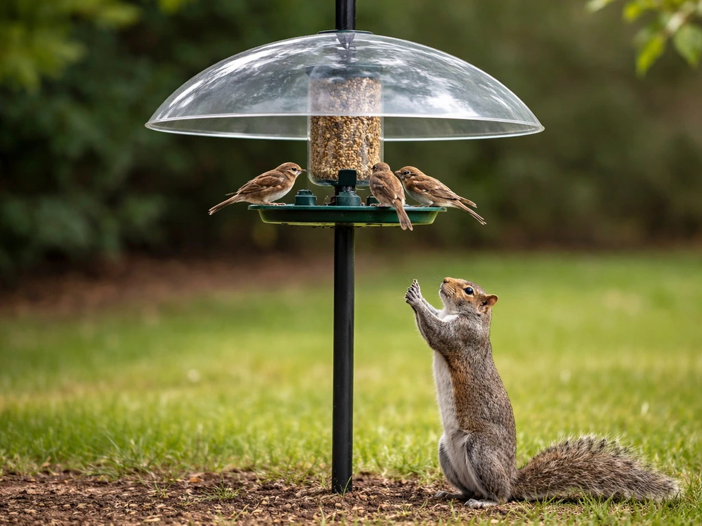 Bird feeder on a pole with a dome baffle blocking a squirrel while birds can access.