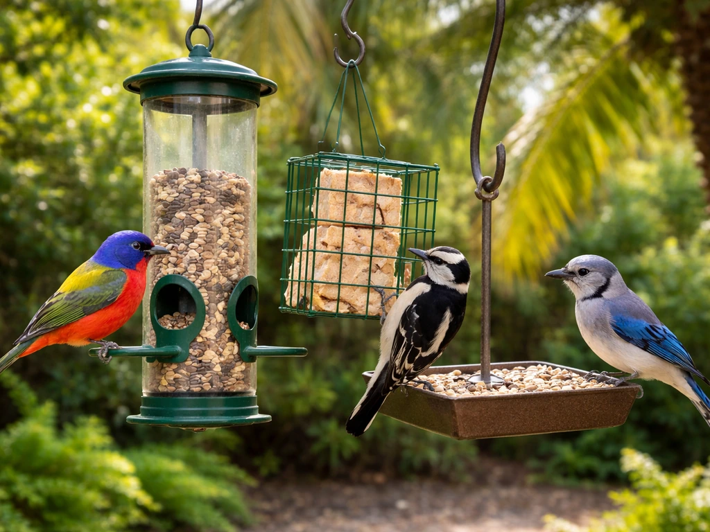 Painted bunting, woodpecker, and blue jay visiting backyard feeders in a South Florida yard.