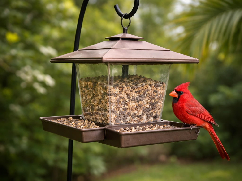 A red cardinal perched at a hopper bird feeder with wide side trays in a South Florida backyard