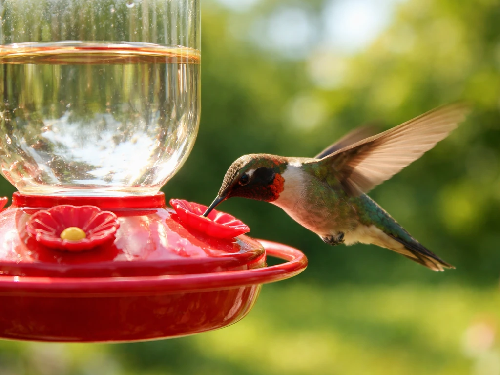 Close-up of a hummingbird sipping nectar from a wide-mouth glass feeder in bright sunlight.