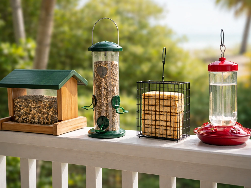 Side-by-side view of hopper, tube, suet cage, and glass nectar bird feeders in a minimal backyard setting.