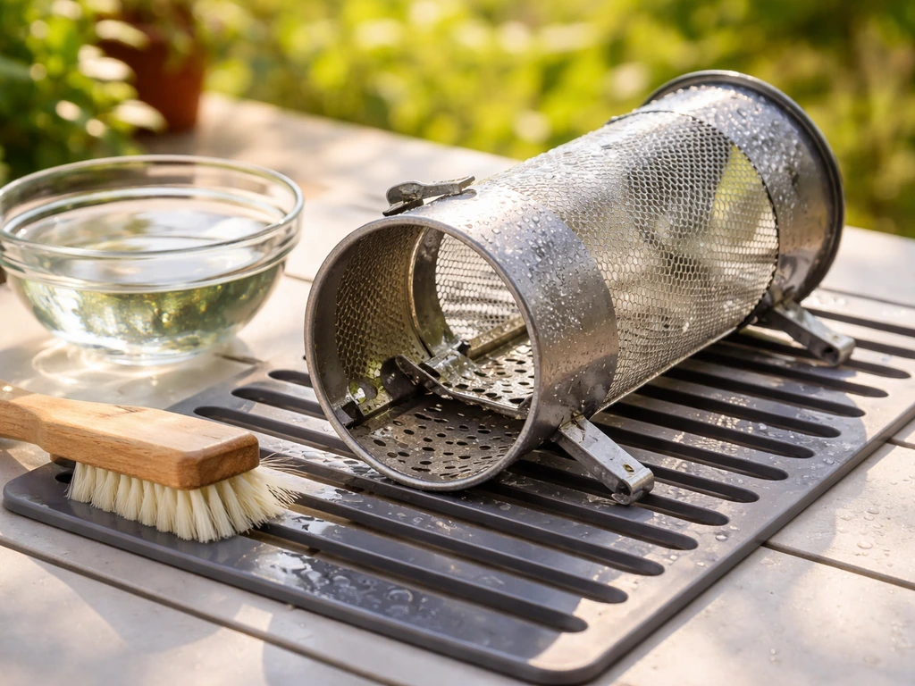 Seed feeder disassembled on a patio, brushed and rinsed, upside down to drain and dry in humid Florida light.