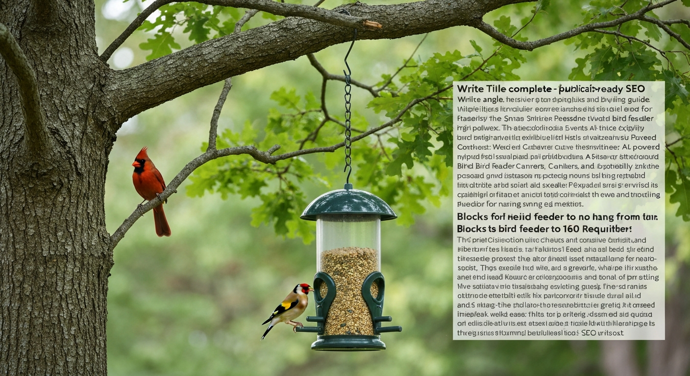 Weight-activated tube bird feeder hanging from an oak branch with a dome baffle above; a goldfinch feeds at the port while a cardinal perches nearby in partial shade.
