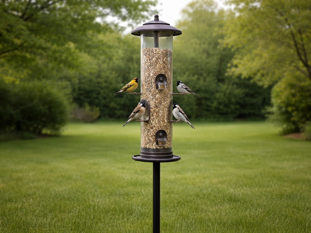 Freestanding bird feeder on a pole in a clean backyard, with small birds perched at the ports.