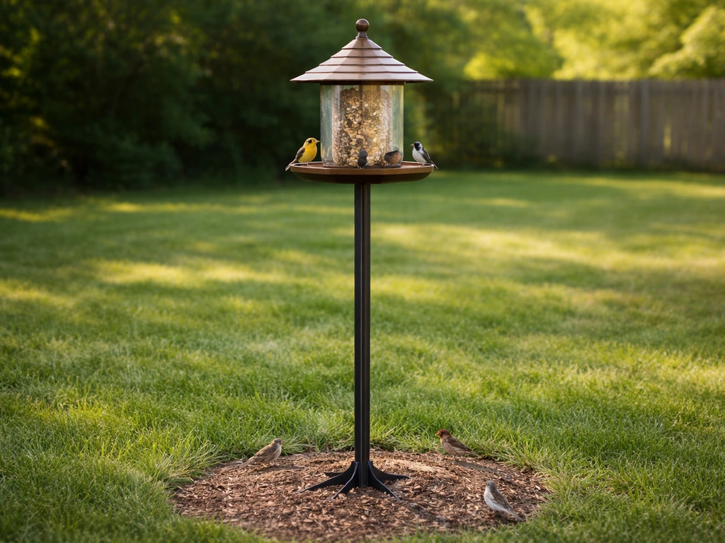 Pole-mounted freestanding bird feeder with the base sunk into the ground in a quiet backyard.