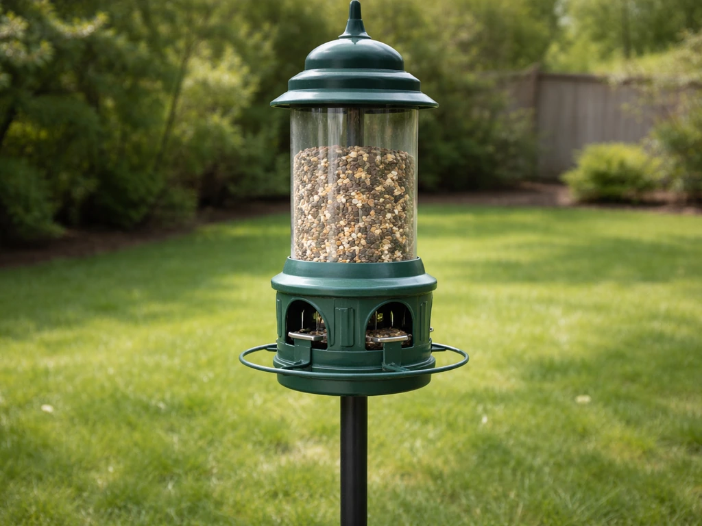 Brome Squirrel Buster Plus freestanding bird feeder with visible weight-activated shroud on a feeder pole