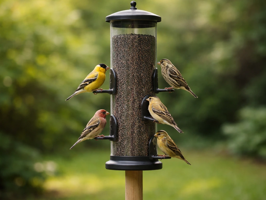 Close-up of a nyjer thistle tube feeder on a pole with finches perched at the seed ports.